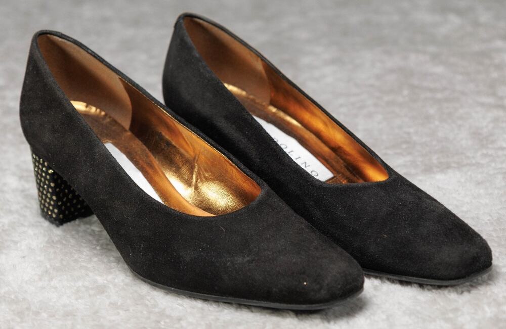 Bandolino Black Suede Copper Polka Dot Sparkle Block Heels Snip Toe Womens 8